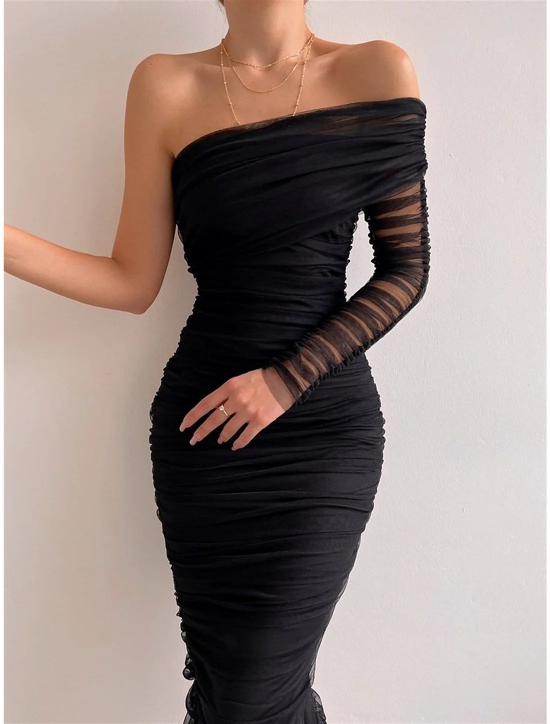 Sheath & Sexy Cocktail Dress Party Dress Wedding Guest Dress Bodycon Midi Dress Long Sleeve Ruched Spring Fall Winter One Shoulder Party Birthday Evening Party Wedding Guest Slim