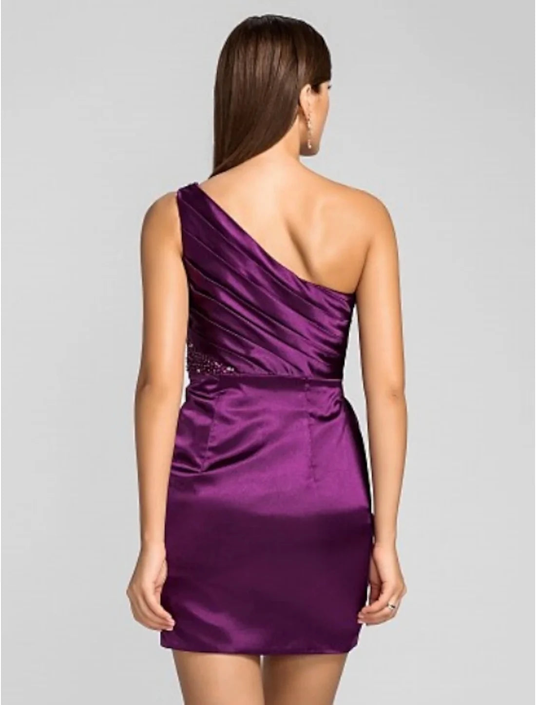 Sheath / Column One Shoulder Short / Mini Stretch Satin Cocktail Party Dress with Beading / Side Draping