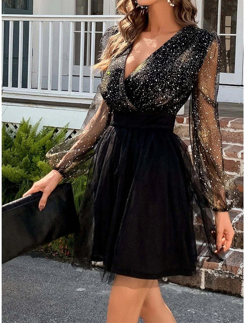 Sexy Dress Party Dress Homecoming Dress Mini Dress Long Sleeve Color Block Ruched Fall Winter V Neck Fashion Winter Dress Black Cocktail Dress