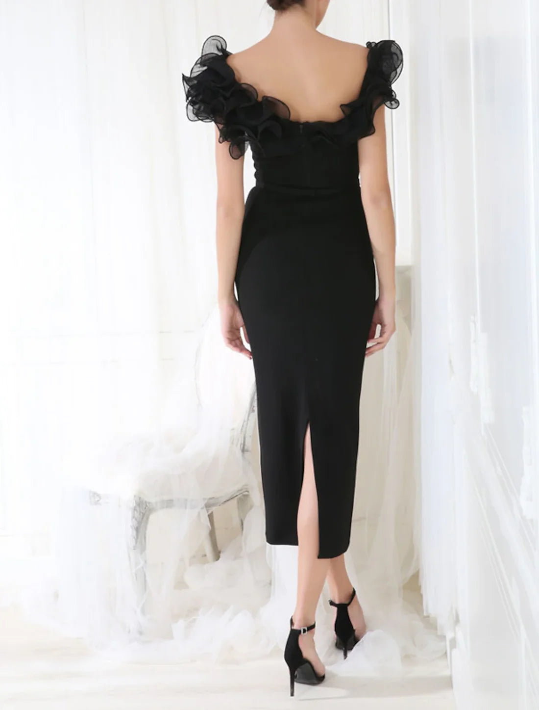 Sheath / Column Homecoming Dresses Cocktail Dresses Elegant Dress Formal Wedding Guest Tea Length Sleeveless Square Neck Tulle with Slit Shouder Flower