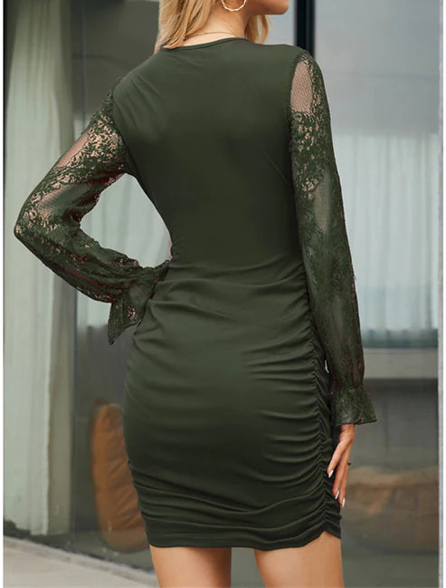 Party Dress Lace Dress New Year's Eve Dress Homecoming Dress Cocktail Dress Mini Dress Black Red Blue Long Sleeve Lace Fall Winter V Neck Winter Dress Wedding Guest