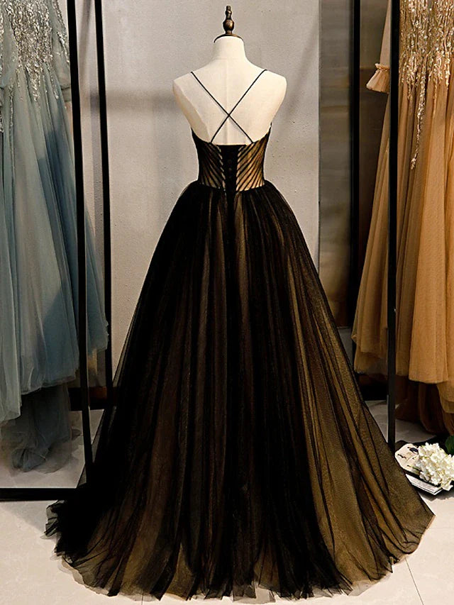 A-Line Evening Gown Color Block Dress Engagement Sweep / Brush Train Sleeveless V Neck Wednesday Addams Family Tulle Crisscross Back with Pleats Sexy