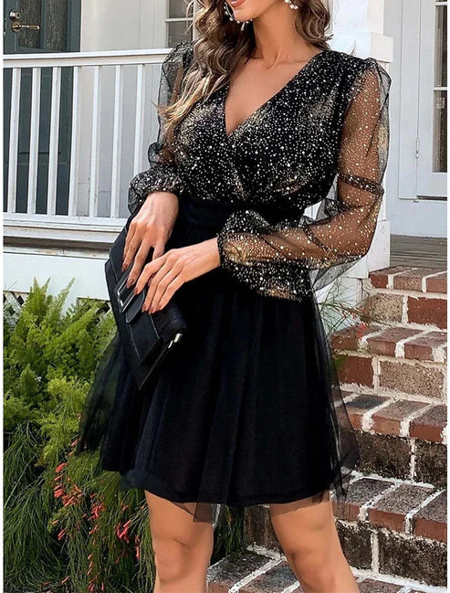 Sexy Dress Party Dress Homecoming Dress Mini Dress Long Sleeve Color Block Ruched Fall Winter V Neck Fashion Winter Dress Black Cocktail Dress