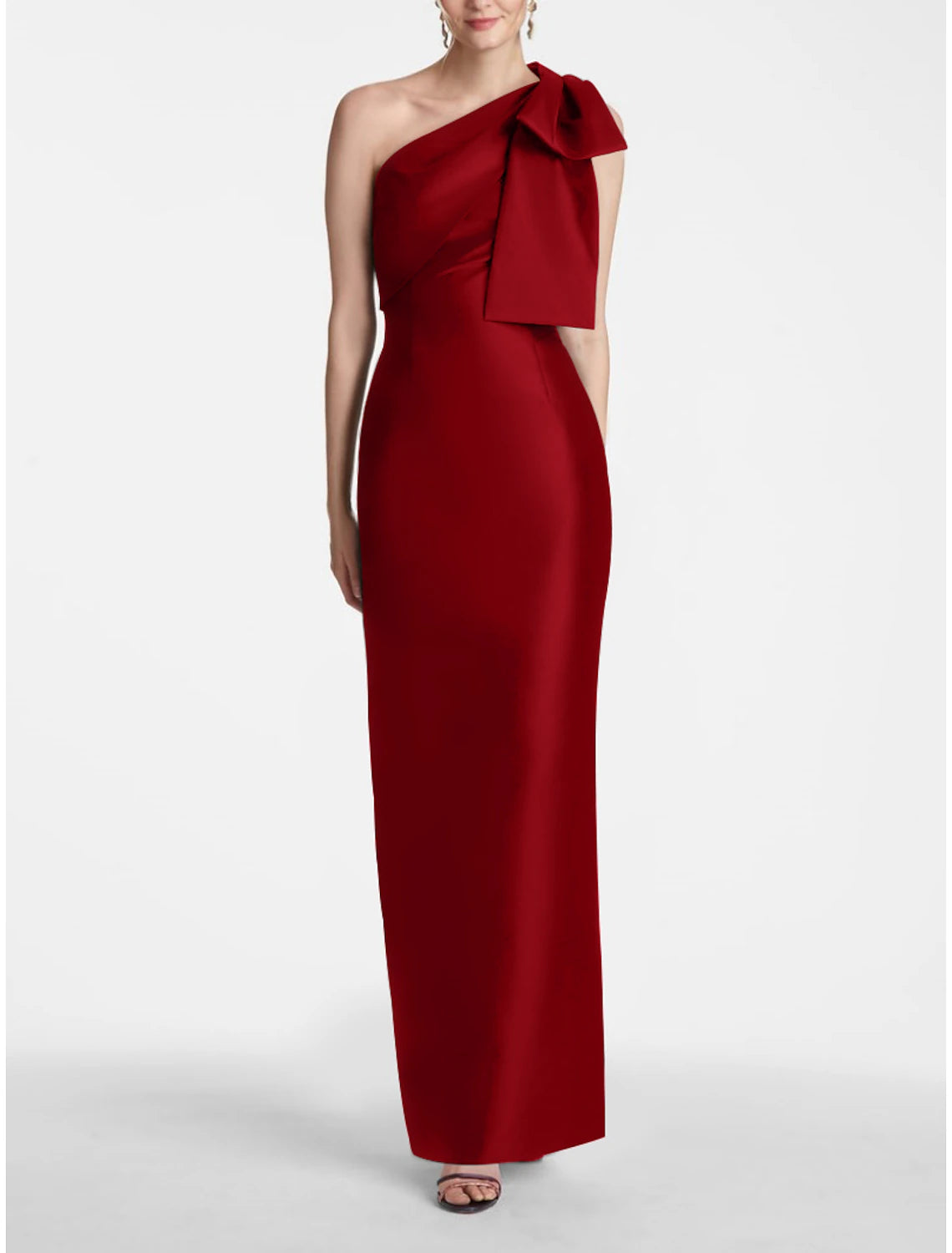 Sheath Mermaid Sleeveless Evening Gown One Shoulder Ankle Length Satin Party Dress With Bow Slit