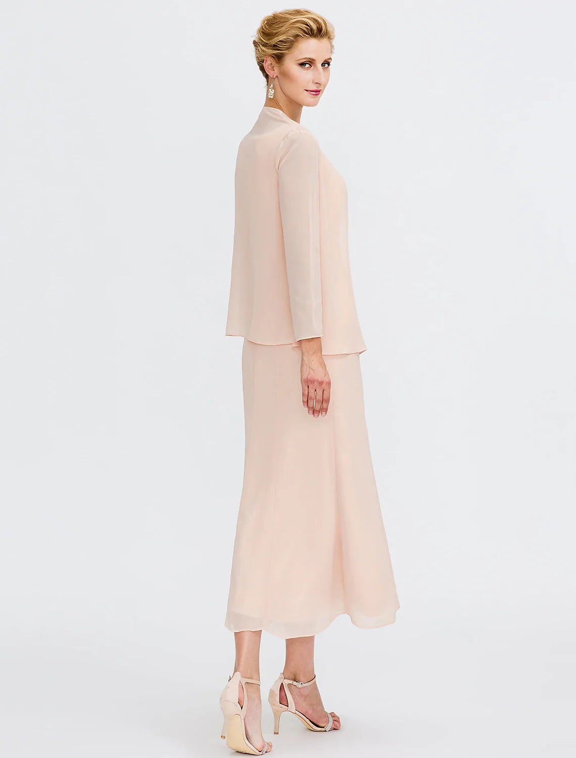 Two Piece Sheath / Column Mother of the Bride Dress Fall Wedding Guest Dresses Plus Size Elegant Jewel Neck Tea Length Chiffon Sleeveless Included with Sash / Ribbon Pleats Beading