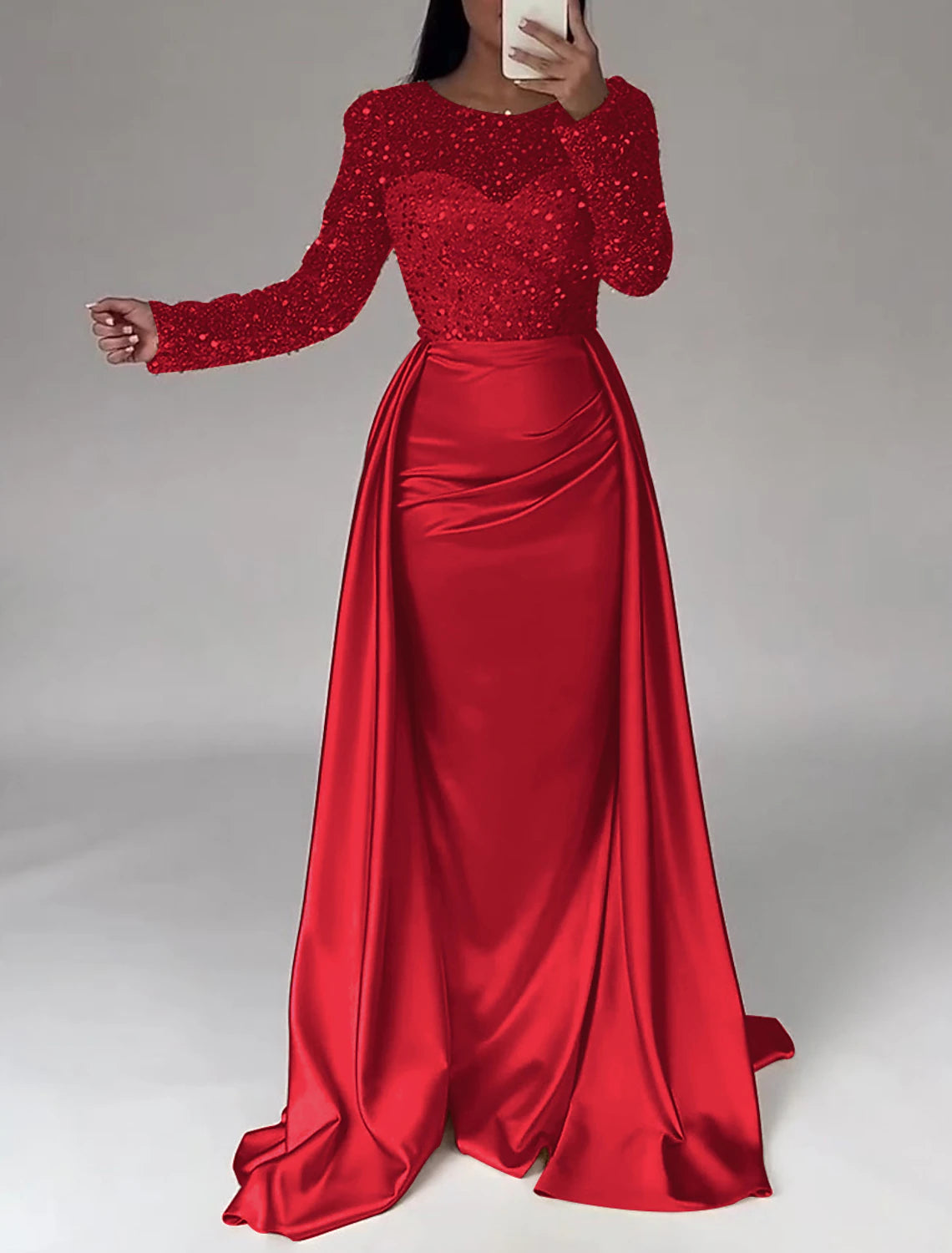 Mermaid Sequin Evening Gown Ruched Satin Dress Long Sleeves Floor Length Sparkle Illusion Neck Prom Wedding Guest Dress with Overskirt