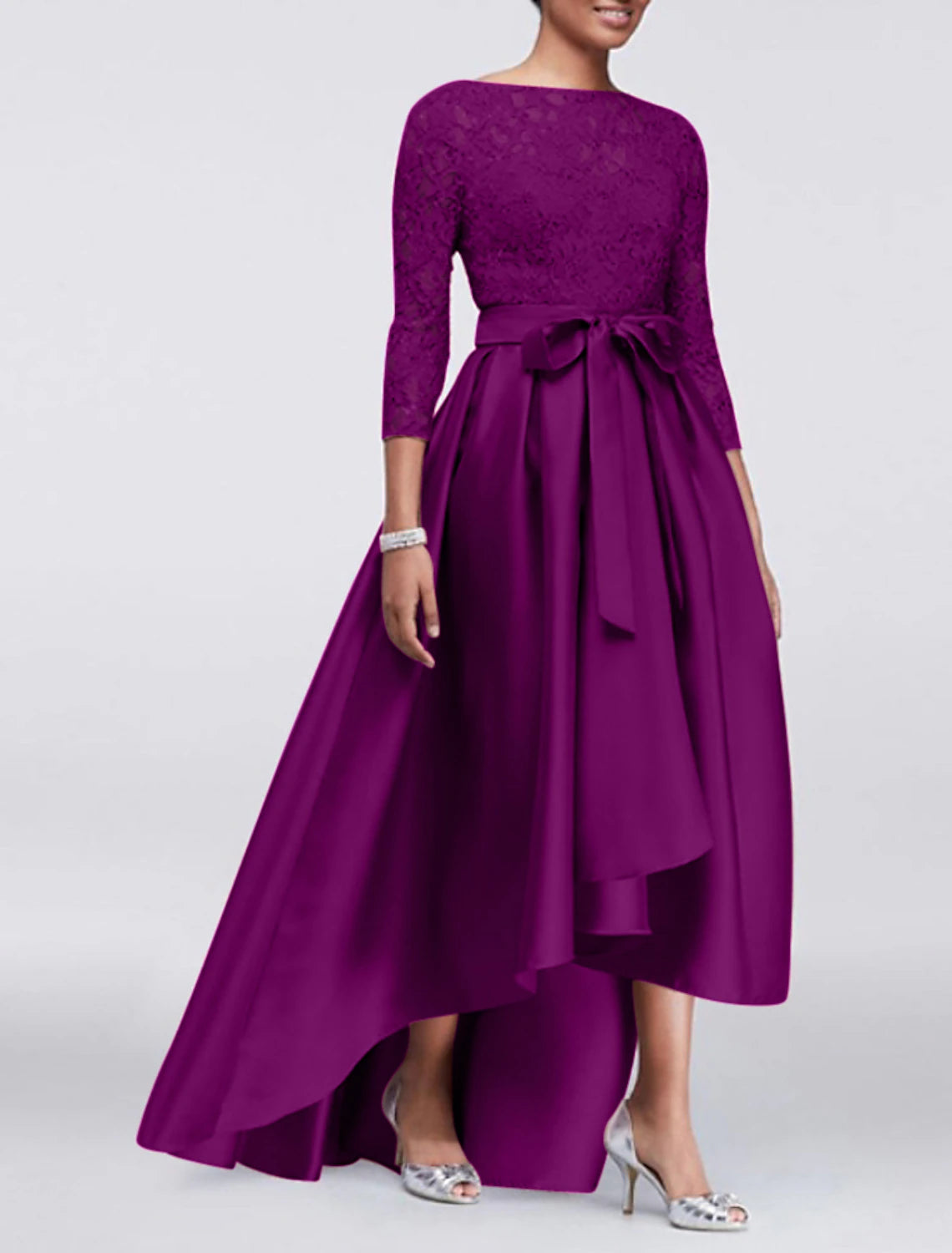 A-Line Wedding Guest Dress Plus Size Satin Lace 3/4 Length Sleeve Mother of the Bride Dress High Low Jewel Neck Asymmetrical Dress  with Sash / Ribbon Appliques