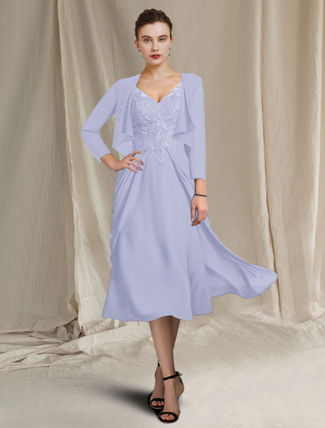 A-Line Mother of the Bride Dress Elegant Plus Size V Neck Tea Length Chiffon Lace Short Sleeve Wrap Included with Appliques