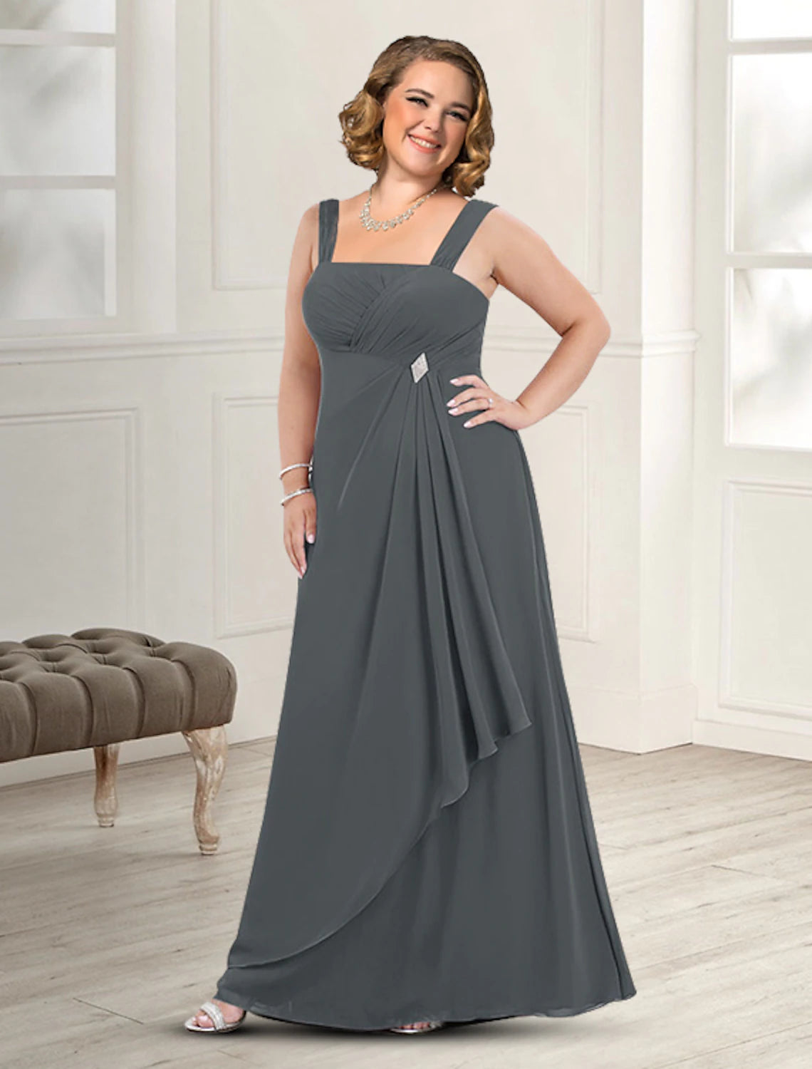 Two Piece A-Line Mother of the Bride Dress Wedding Guest Elegant Plus Size Square Neck Floor Length Chiffon Sleeveless Jacket Dresses with Pleats