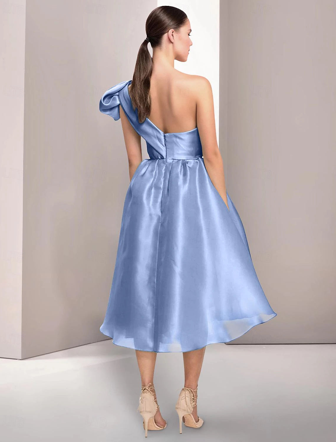 A-Line Cocktail Dresses Formal Wedding Tea Length Sleeveless One Shoulder Satin