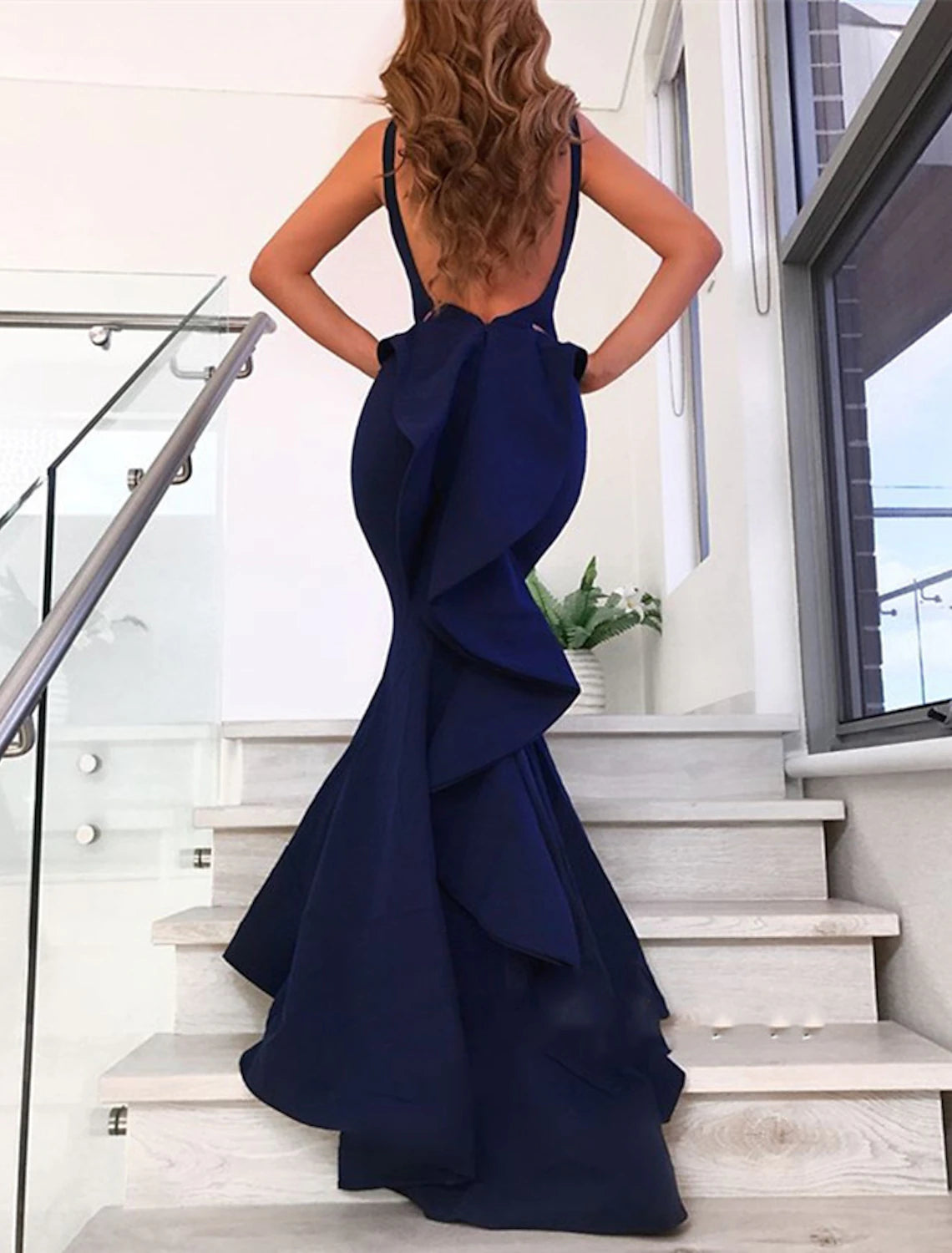 Sheath Mermaid V Neck  Evening Gown  Sleeveless  Open Back Wedding Guest Court Train Stretch Fabric with Bow Ruffles