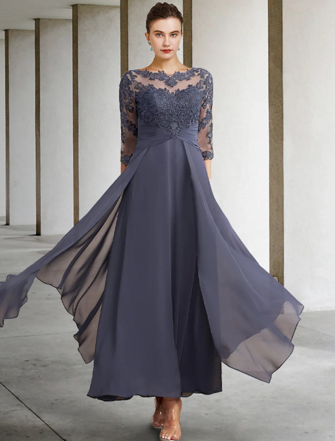 A-Line Mother of the Bride Dress Plus Size Elegant Chiffon Lace Half Sleeve Prom Dress with Appliques