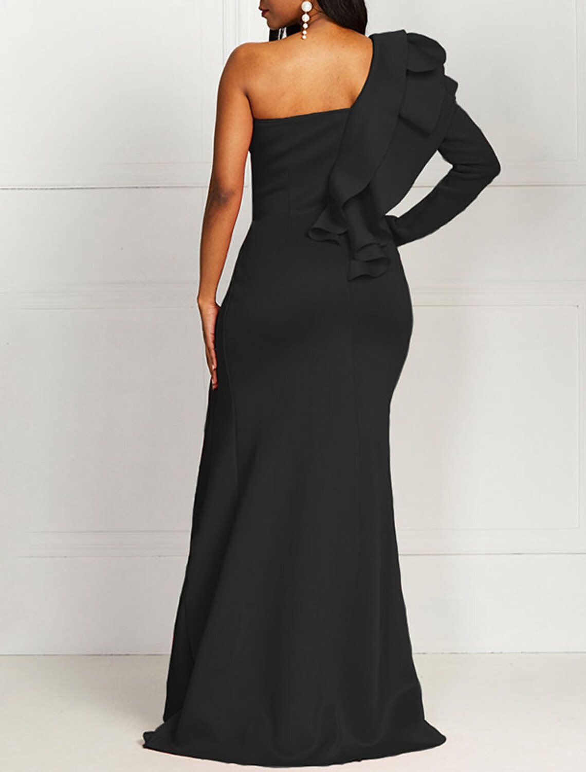 Mermaid Black Floor Length Evening Gown Long Sleeve One Shoulder Wedding Guest Stretch Fabric with Ruffles