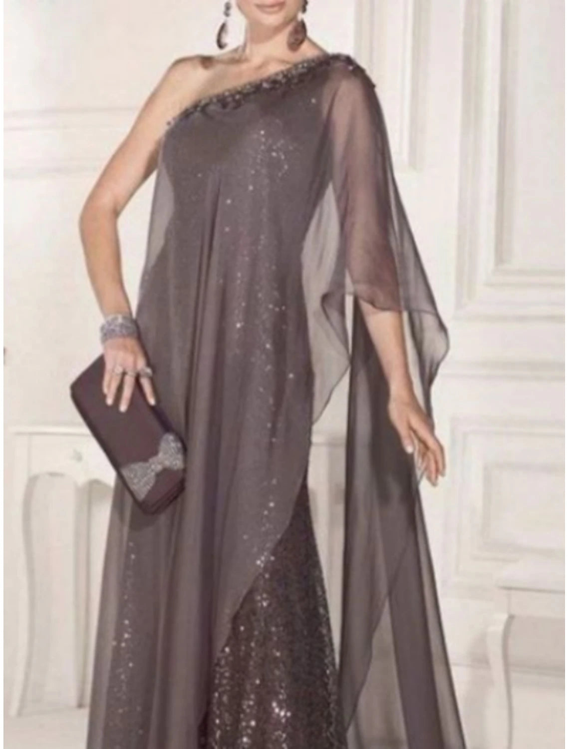 Sheath Sparkle Sweep Brush Train One Shoulder Wedding Guest Party Dress Chiffon Lace Sleeveless Mother of the Bride Dress with Pleats Sequin