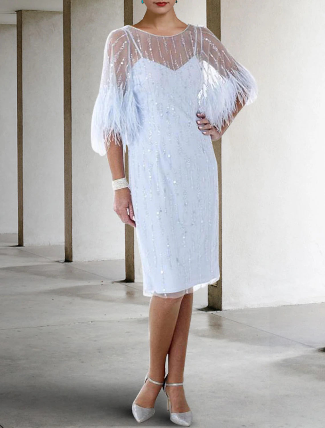 Sheath / Column Mother of the Bride Dress Wedding Guest Elegant Sparkle & Shine Jewel Neck Knee Length Stretch Chiffon Half Sleeve with Feather Beading Sequin