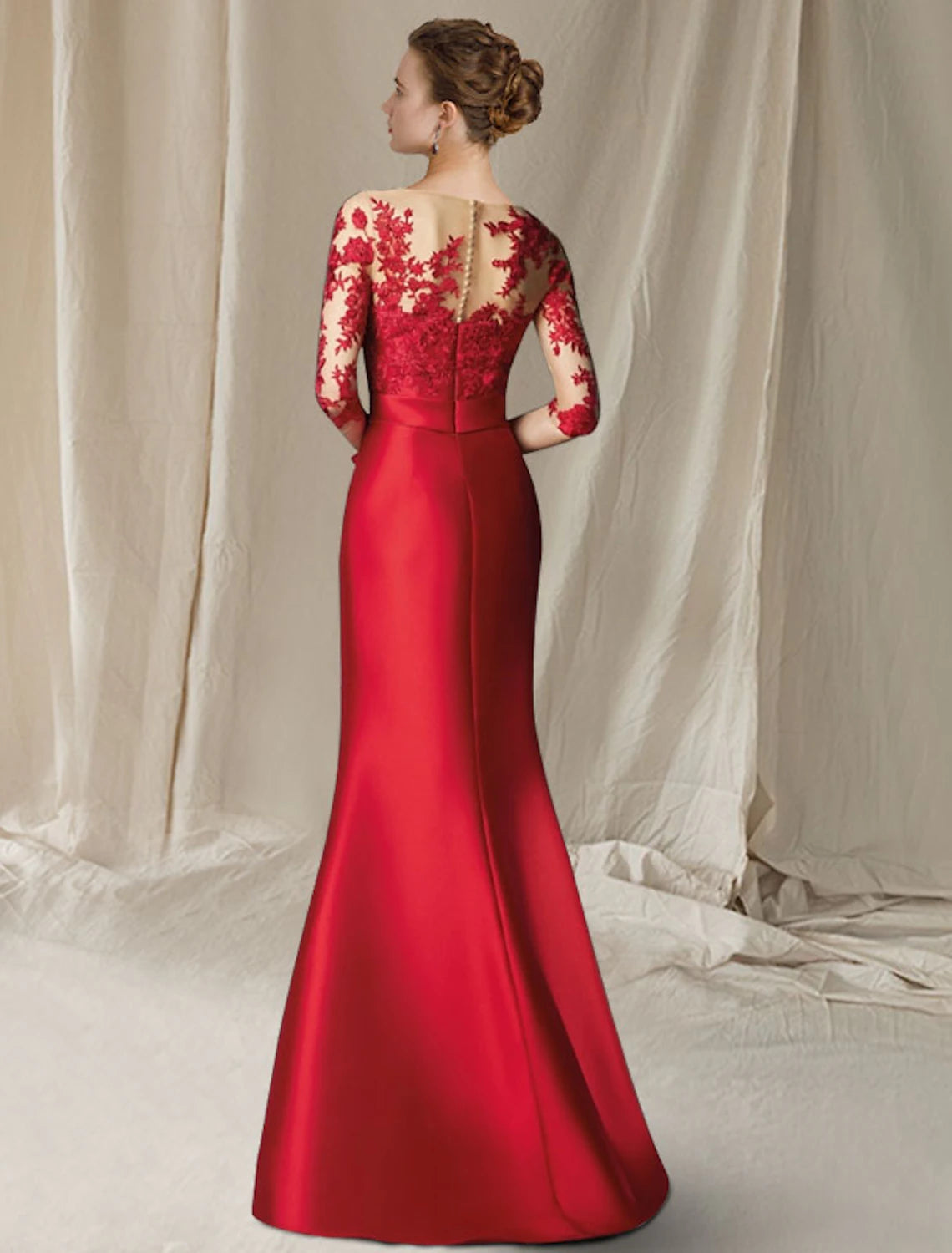 Mermaid / Trumpet Mother of the Bride Dress Elegant Plus Size Jewel Neck Floor Length Satin Lace Half Sleeve with Bow(s) Appliques