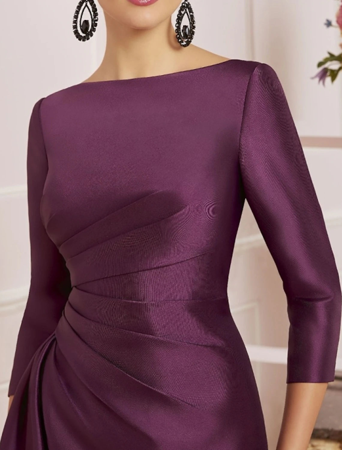 Mother of the Bride Dress Wedding Guest Elegant Off Shoulder Knee Length Satin 3/4 Length Sleeve with Ruching