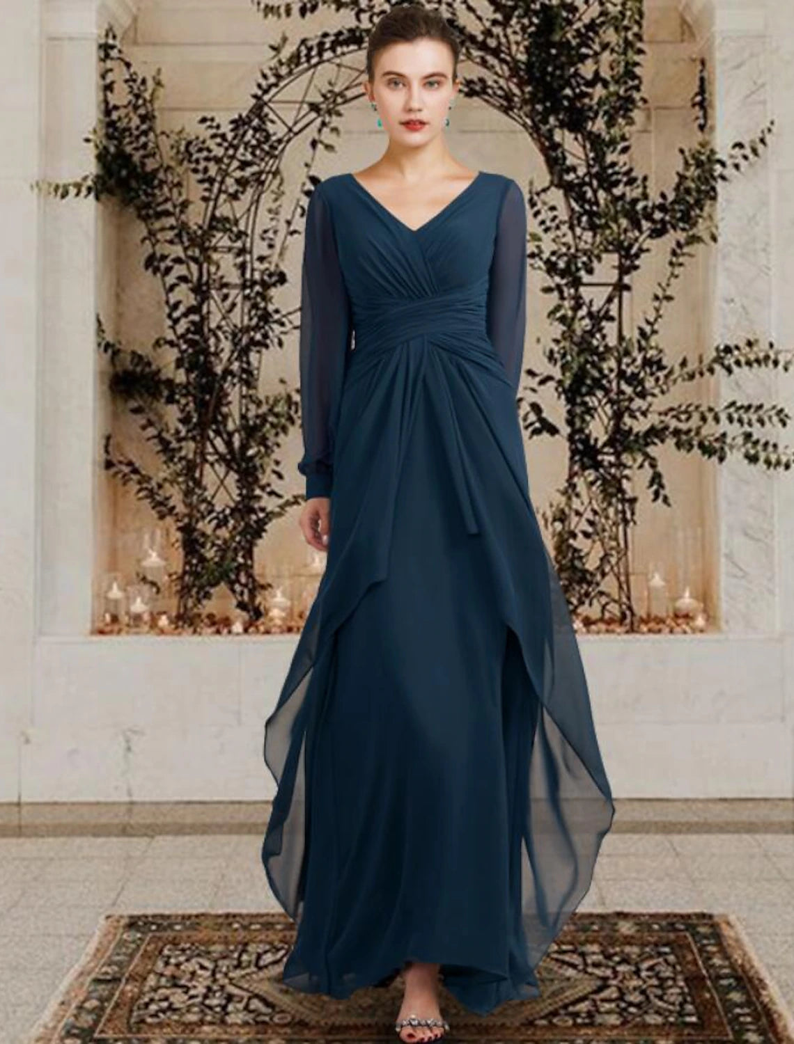 A-Line Mother of the Bride Dress Wedding Guest Elegant Plus Size V Neck Floor Length Chiffon Long Sleeve with Ruched Ruffles Side-Draped