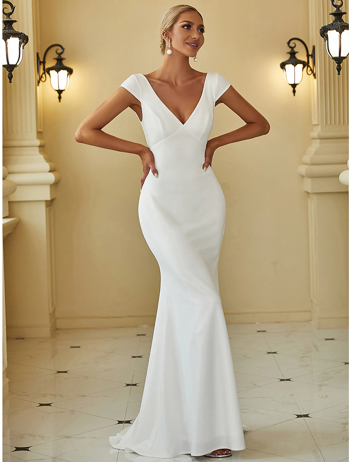 Reception Simple Wedding Dresses Mermaid / Trumpet V Neck Cap Sleeve Sweep / Brush Train Stretch Fabric Bridal Gowns With Draping Solid Color