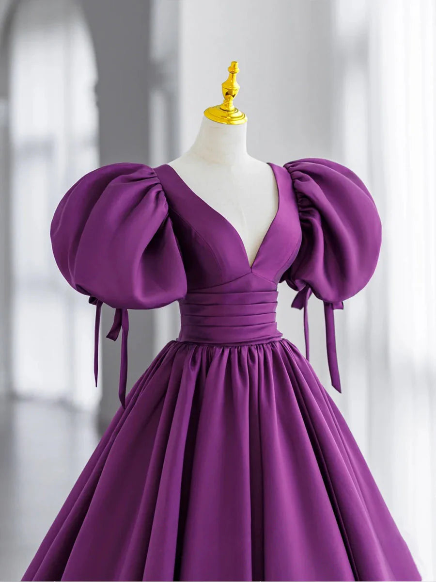 Purple V Neck Satin Long Prom Dresses Evening Dresses Formal Dress december wedding guest dress