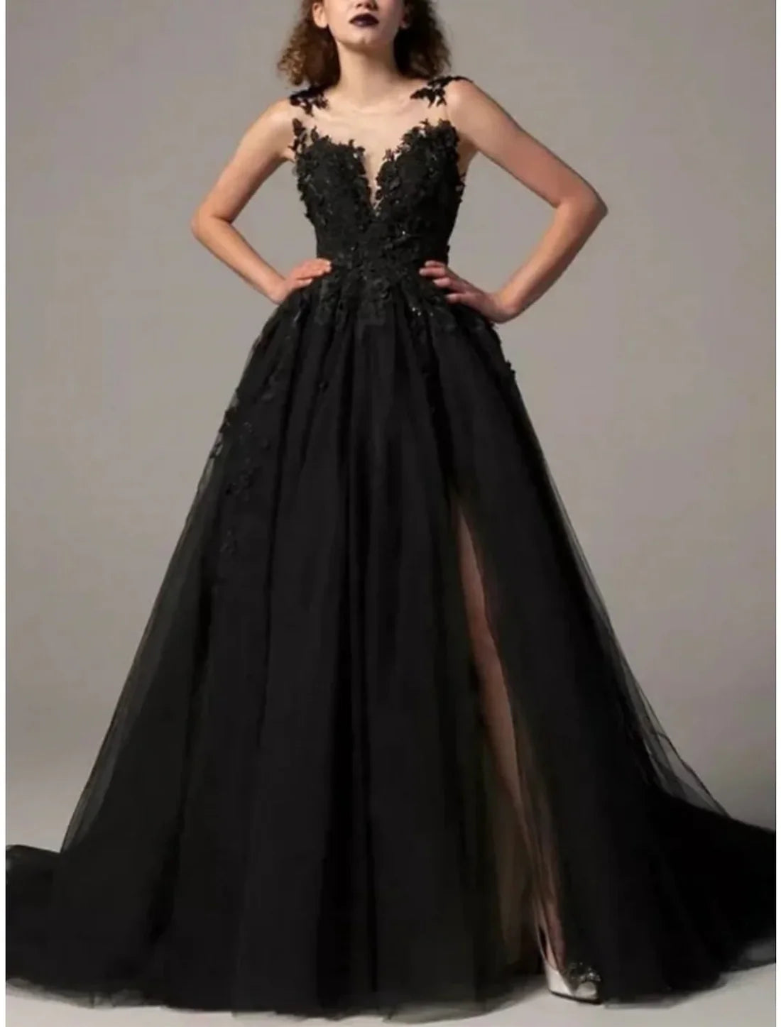 Evening Gown Elegant Dress Formal Court Train Black Dress Sleeveless Illusion Neck Tulle with Pleats Slit Appliques