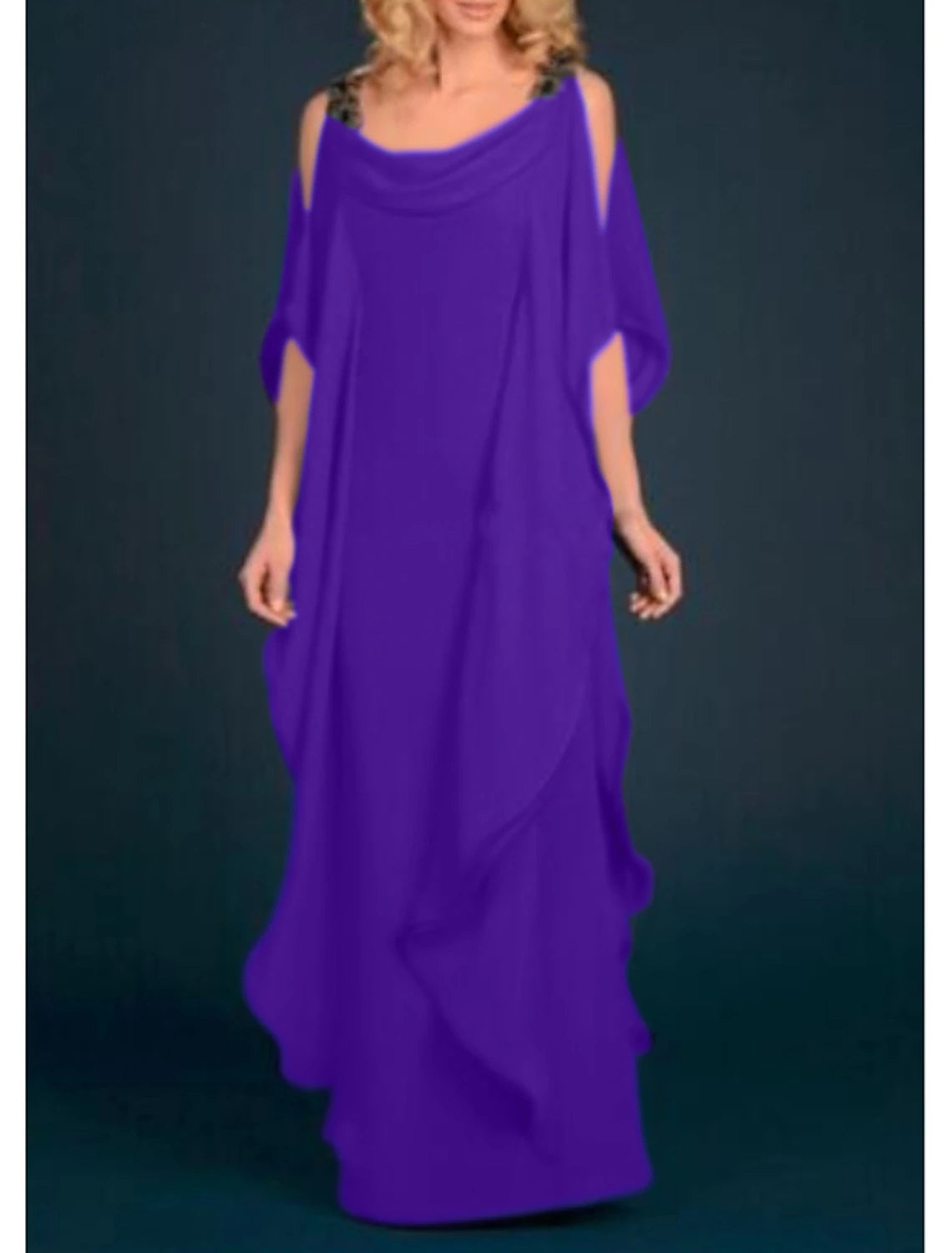 Plus Size Scoop Neck Floor Length Wedding Guest Party Dress Chiffon Half Sleeve Mother of the Bride Dress with Appliques