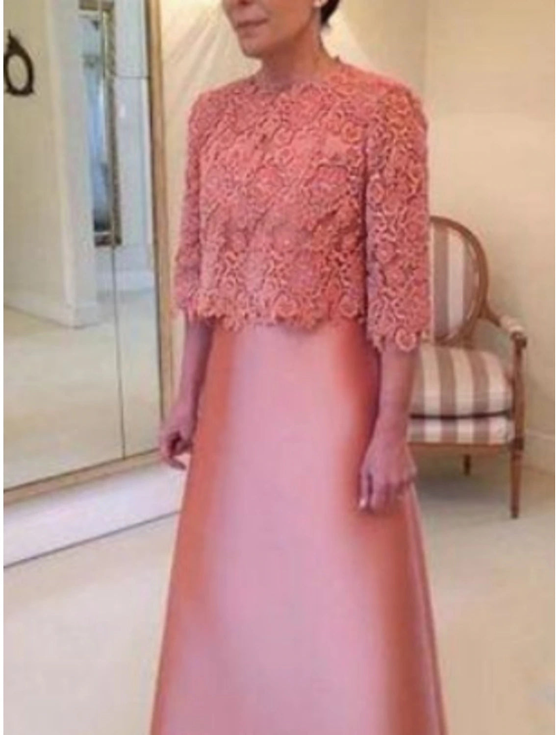 Plus Size Wedding Guest Party Dress Jewel Neck Floor Length Satin Lace 3/4 Length Sleeve Mother of the Bride Dress with Bow