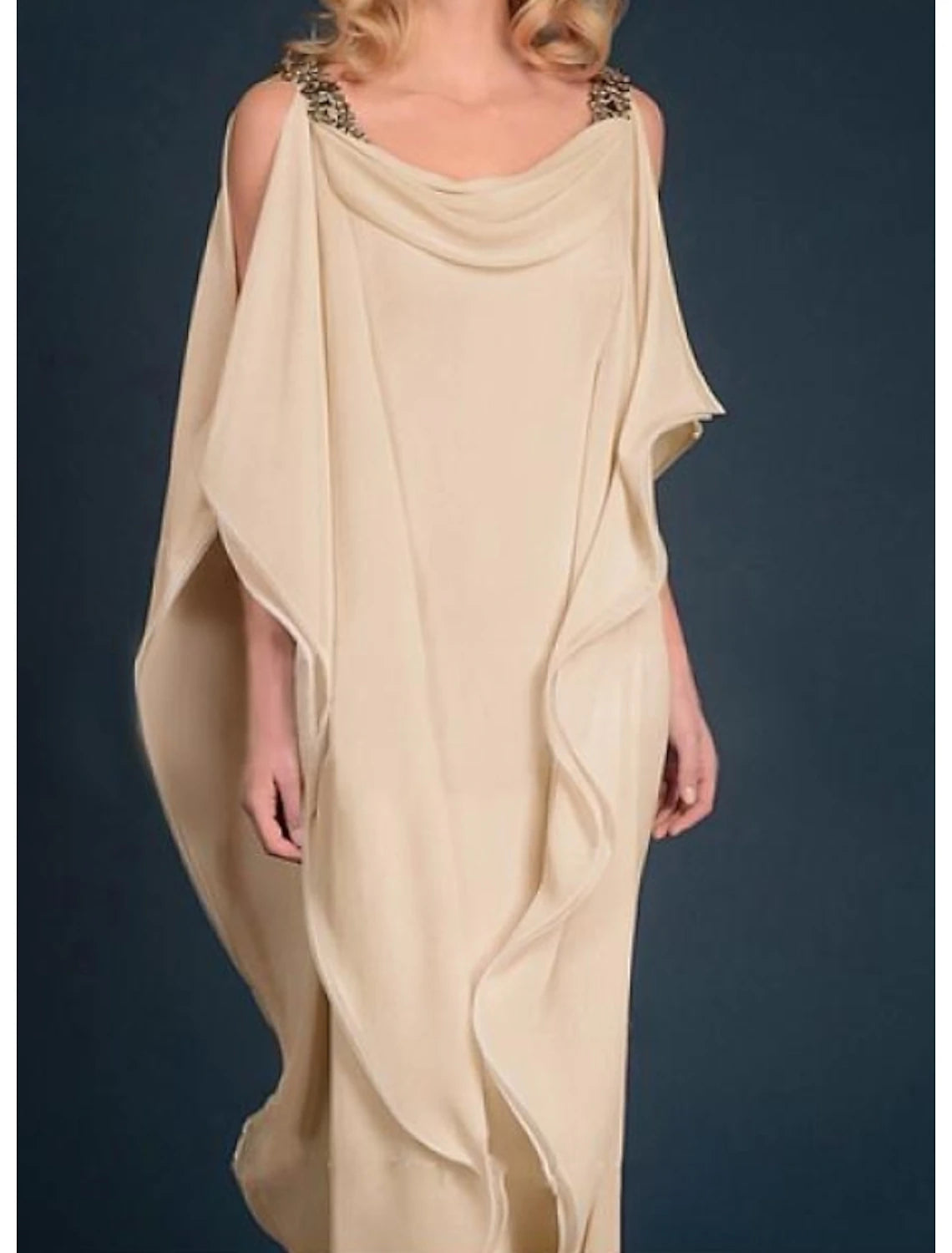 Chiffon Half Sleeve Wedding Guest Plus Size Party Dress Jewel Neck Floor Length  Mother of the Bride Dress with Beading Cascading Ruffles