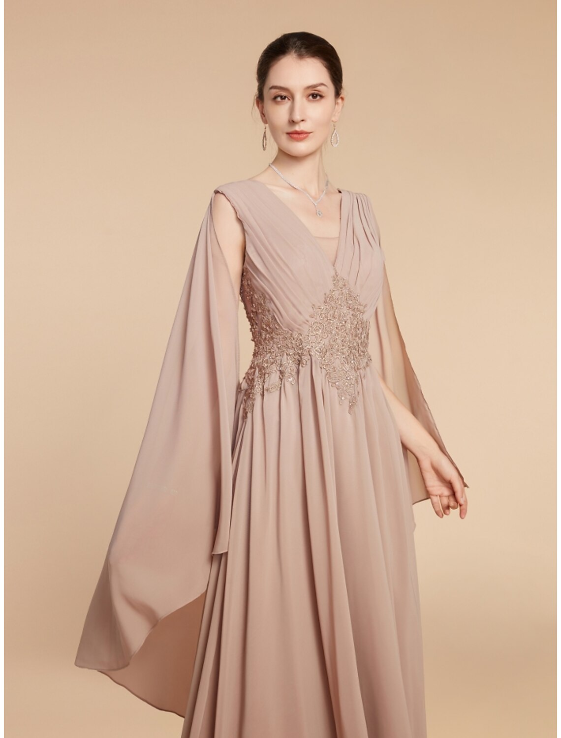 A-Line  V Neck Ankle Length Mother of the Bride Dress Wedding Guest Chiffon Lace Sleeveless with Ruching