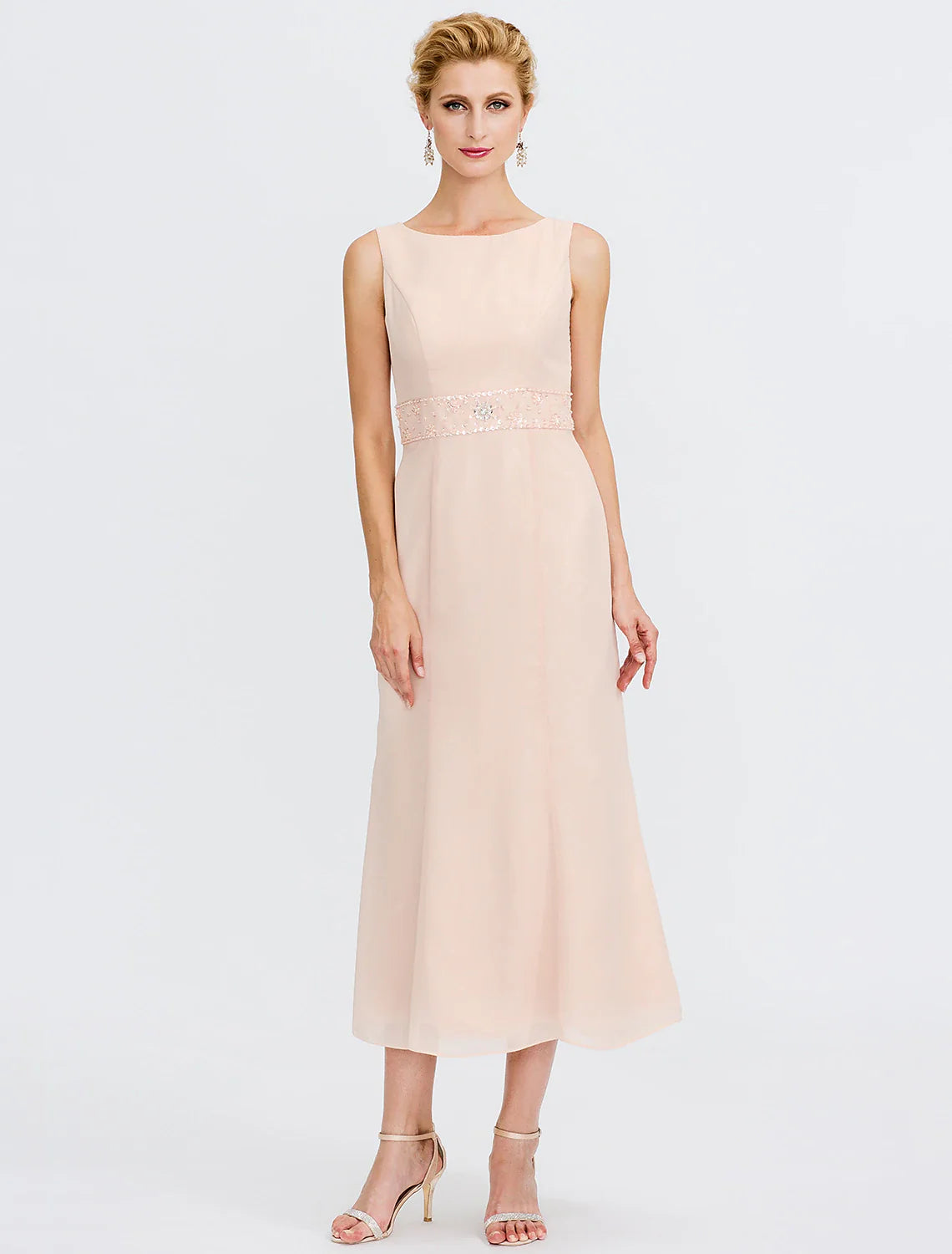 Two Piece Sheath / Column Mother of the Bride Dress Fall Wedding Guest Dresses Plus Size Elegant Jewel Neck Tea Length Chiffon Sleeveless Included with Sash / Ribbon Pleats Beading