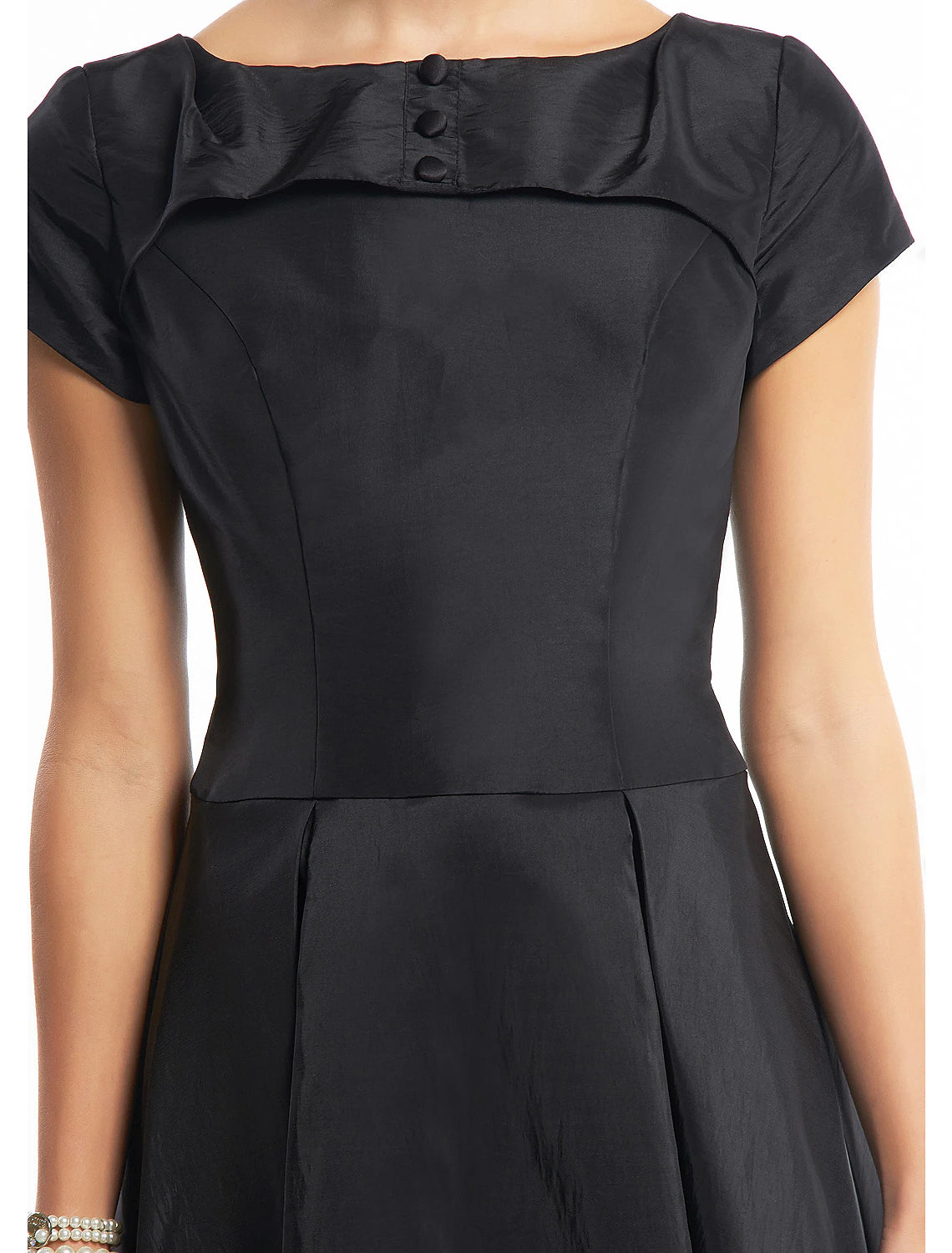 A-Line Black Dress Vintage Homecoming Wedding Guest Tea Length Short Sleeve Boat Neck Taffeta with Buttons