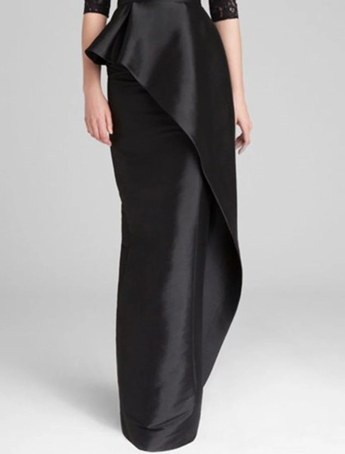 Sheath Mermaid Simple Jewel Neck Floor Length Wedding Guest Satin Lace Half Sleeve with Ruffles  Mother of the Bride Dress Appliques