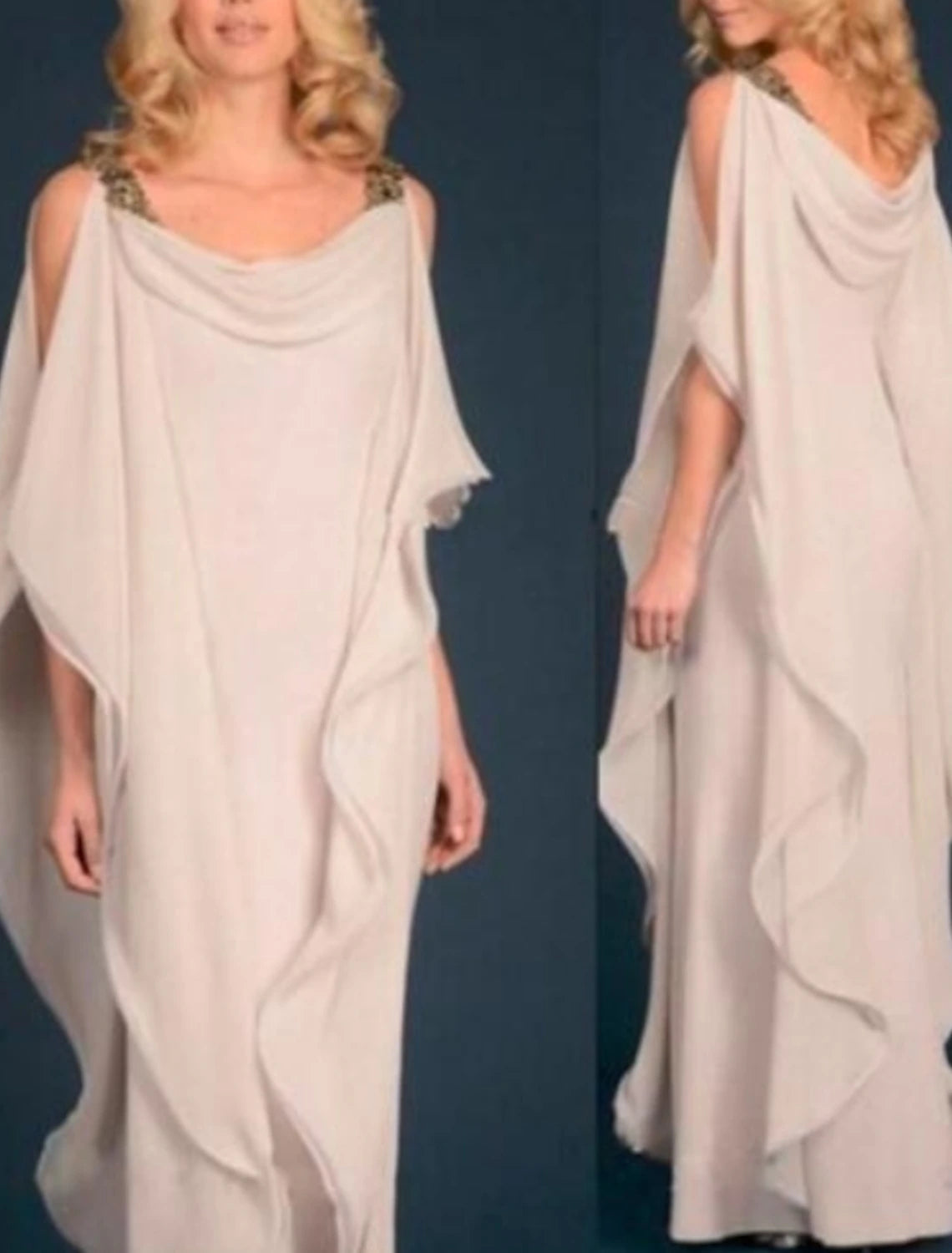 Plus Size Scoop Neck Floor Length Wedding Guest Party Dress Chiffon Half Sleeve Mother of the Bride Dress with Appliques