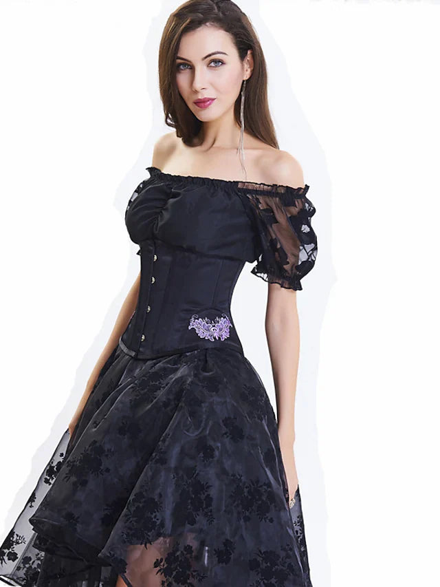 A-Line Prom Dresses Vintage Dress Masquerade Asymmetrical Short Sleeve Off Shoulder Lace with Embroidery Appliques