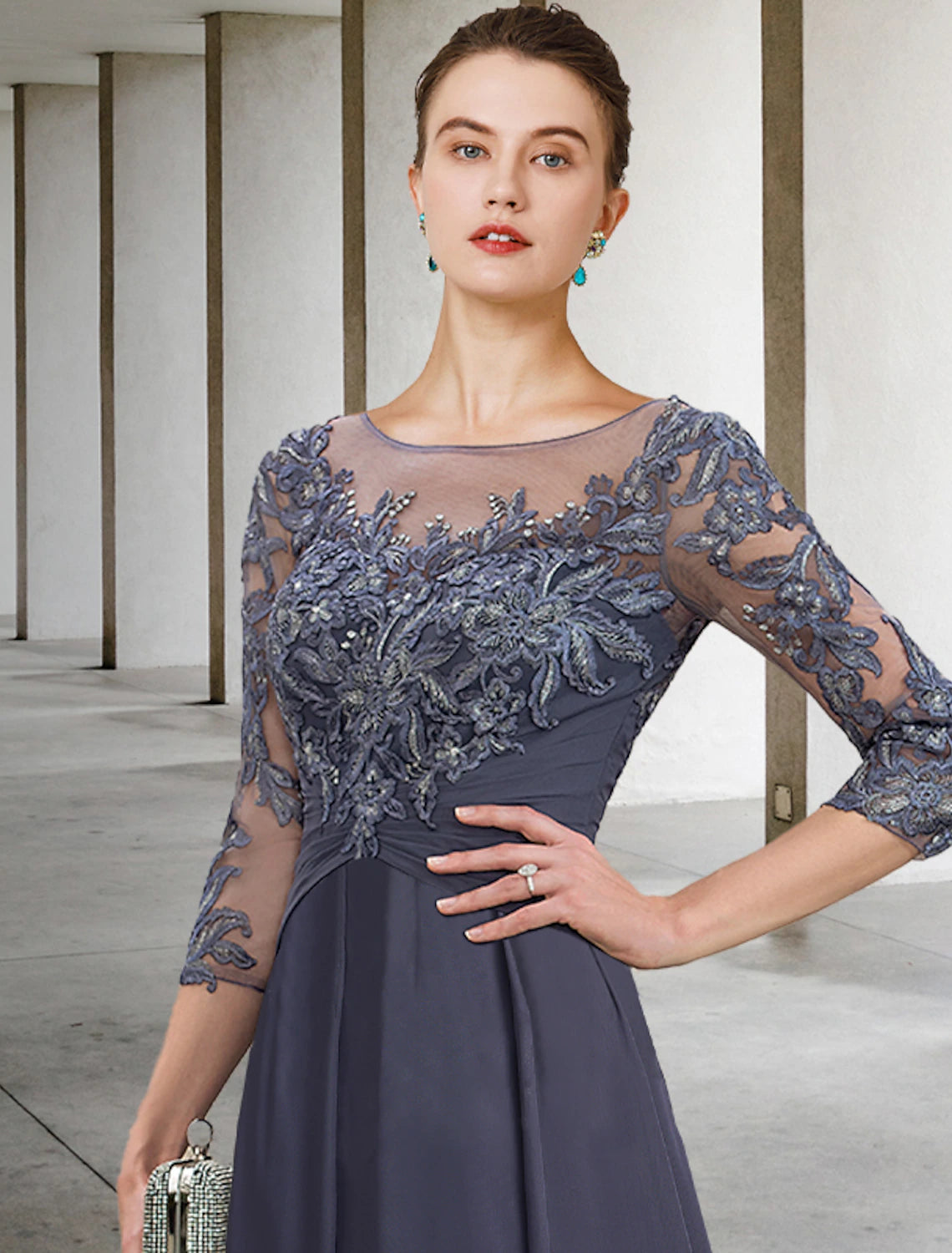 A-Line Mother of the Bride Dress Wedding Guest Elegant Plus Size Jewel Neck Ankle Length Chiffon Lace 3/4 Length Sleeve with Ruched Sequin Appliques
