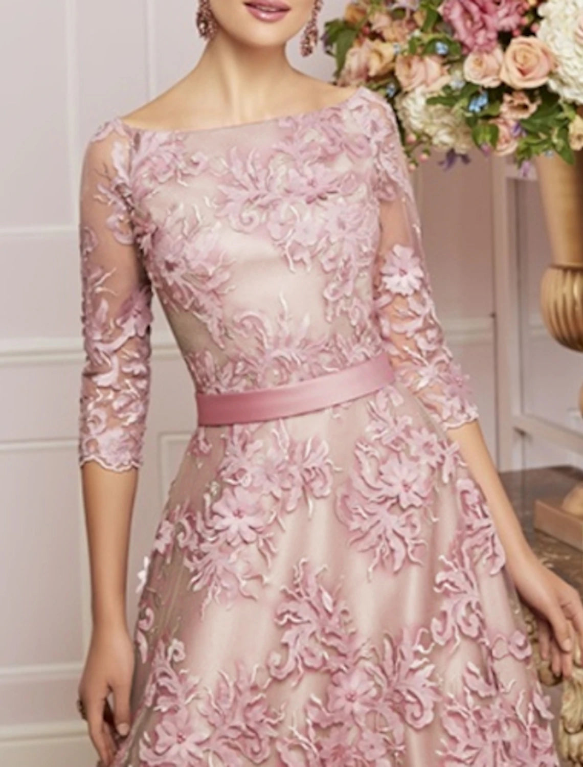 A-Line Mother of the Bride Dress Wedding Guest Plus Size Bateau Neck Tea Length Lace Half Sleeve with Lace Sash / Ribbon