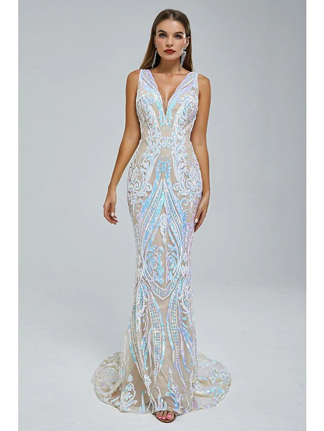 Mermaid / Trumpet Evening Gown Elegant Dress Engagement Court Train Sleeveless V Neck Sequined with Sequin