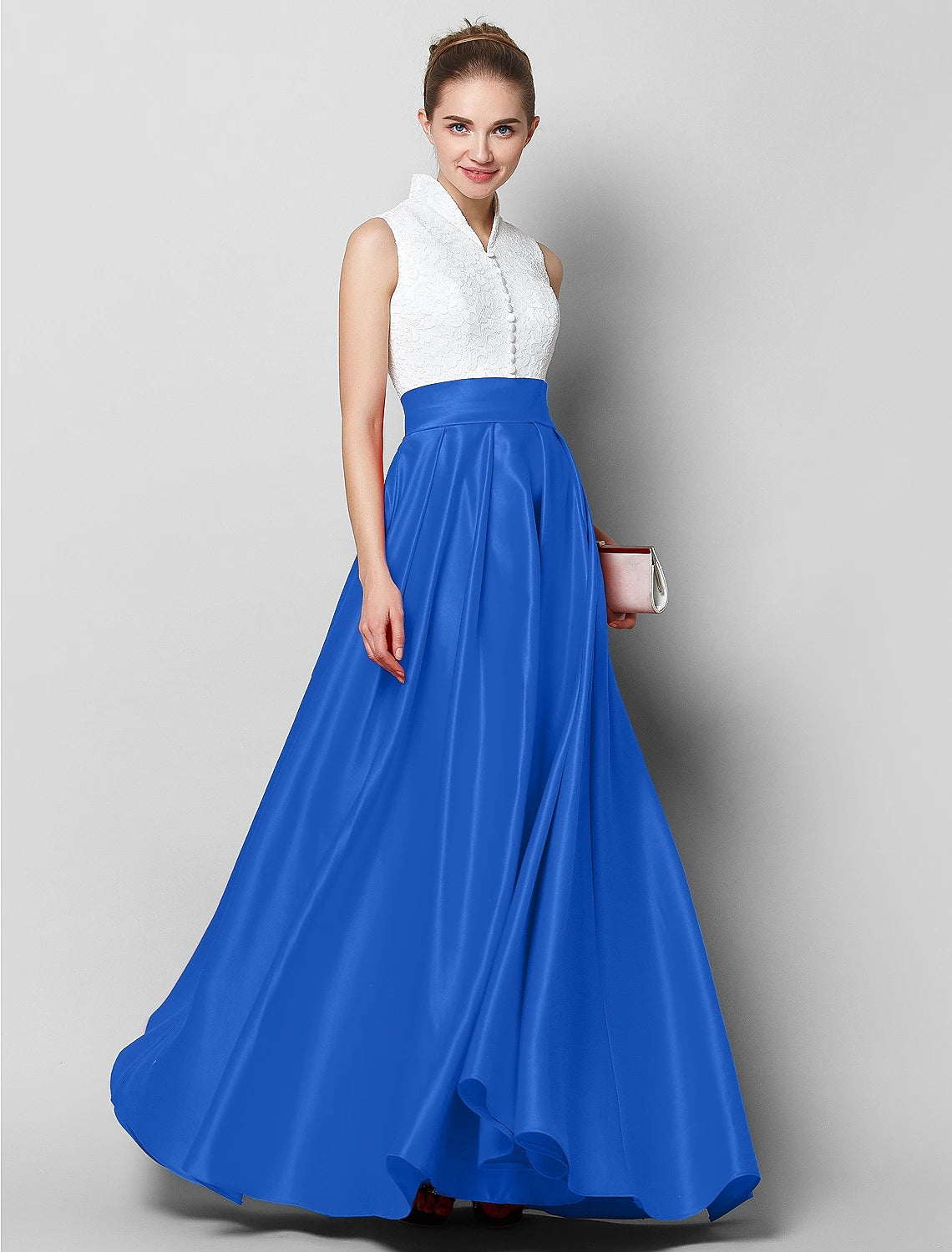 A-Line Elegant & Luxurious Dress Formal Evening Black Tie Gala Floor Length Sleeveless High Neck Satin with Pleats