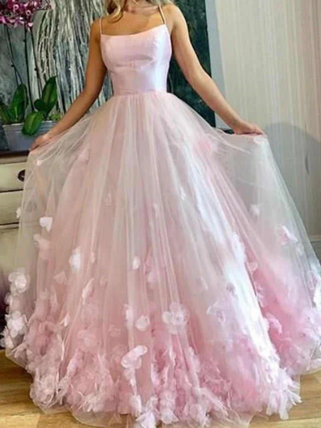 A-Line Prom Dresses Elegant Dress Engagement Floor Length Sleeveless Spaghetti Strap Tulle with Pleats Appliques