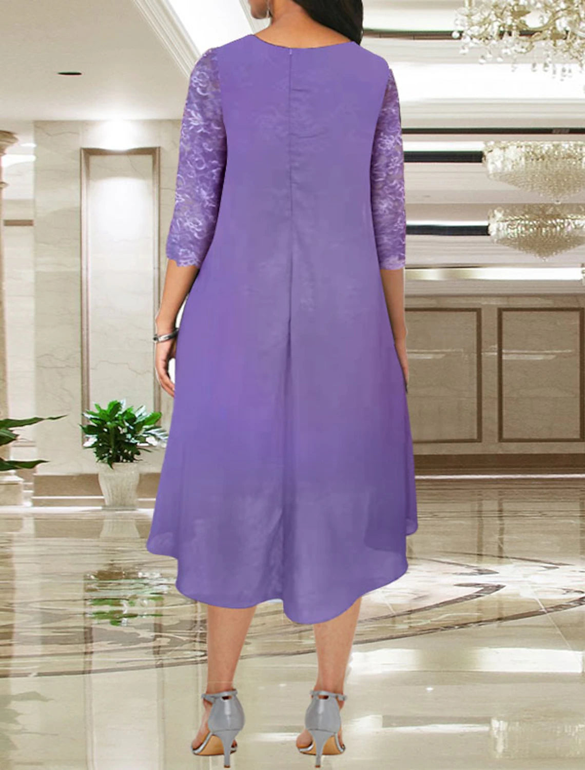 A-Line  Plus Size Jewel Neck Wedding Guest Dress Knee Length Chiffon Lace Long Sleeve Mother of the Bride Dress