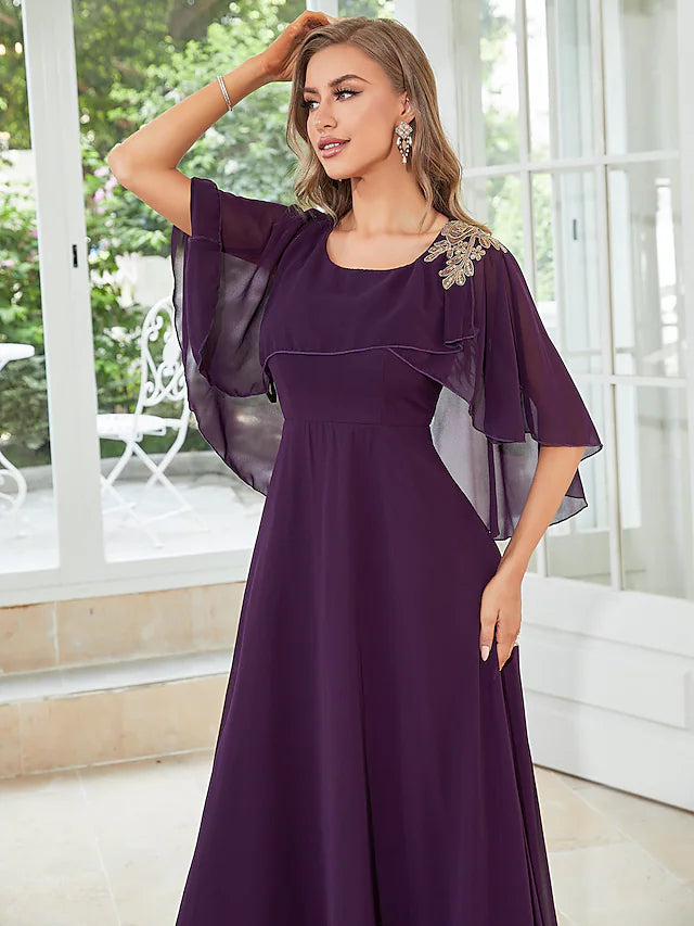 A-Line Wedding Guest Dresses Elegant Dress Party Wear Floor Length Half Sleeve  Chiffon with Ruffles
