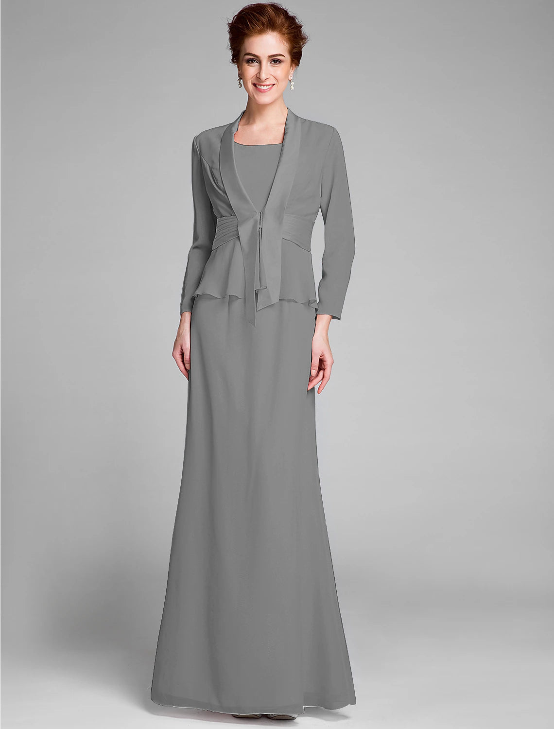 Mermaid / Trumpet Mother of the Bride Dress Convertible Dress Scoop Neck Floor Length Chiffon Long Sleeve Wrap Included with Sash / Ribbon