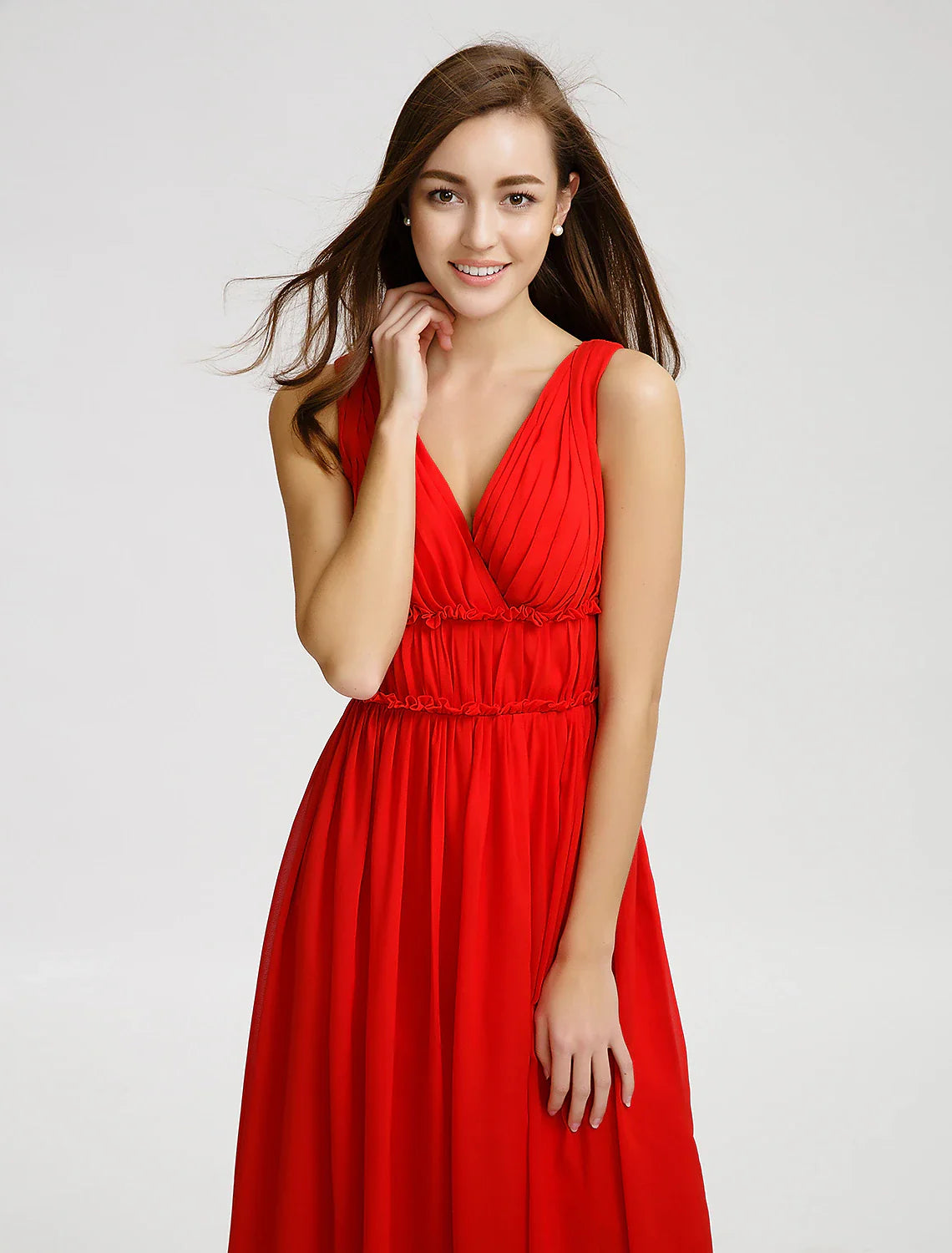 Solid Color A-Line Bridesmaid Dress V Neck Sleeveless Open Back Floor Length Chiffon with Criss Cross / Draping / Side Draping