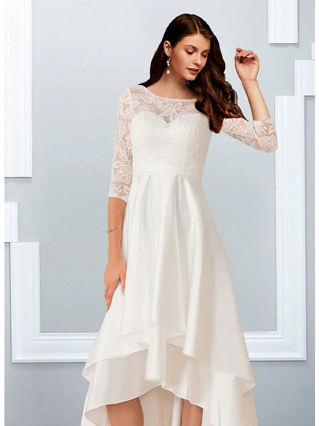Little White Dresses Wedding Dresses Asymmetrical A-Line Half Sleeve Illusion Neck Chiffon With Cascading Ruffles