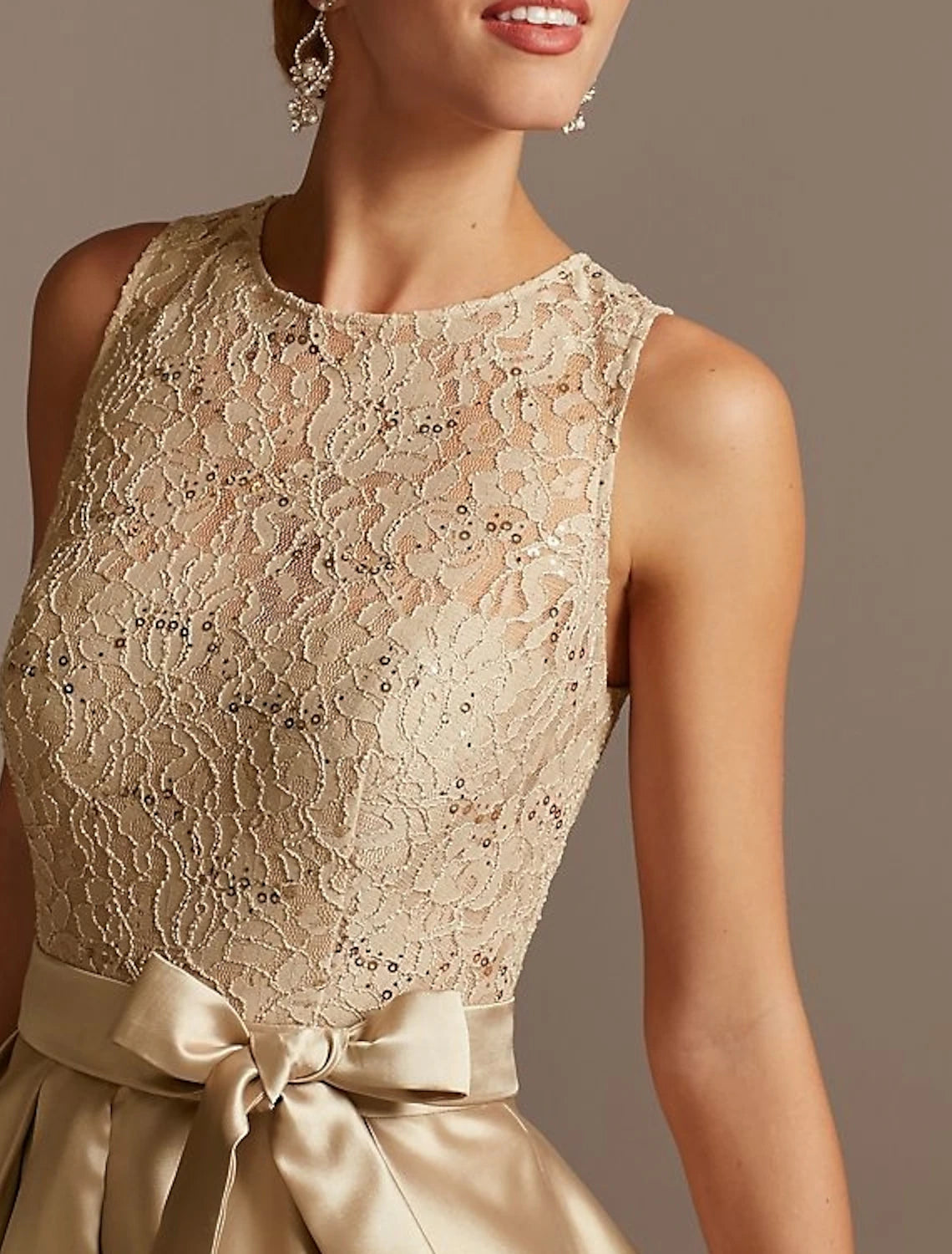 Mother of the Bride Dress Wedding Guest High Low Jewel Neck Asymmetrical Satin Lace Sleeveless with Bow(s) Pleats