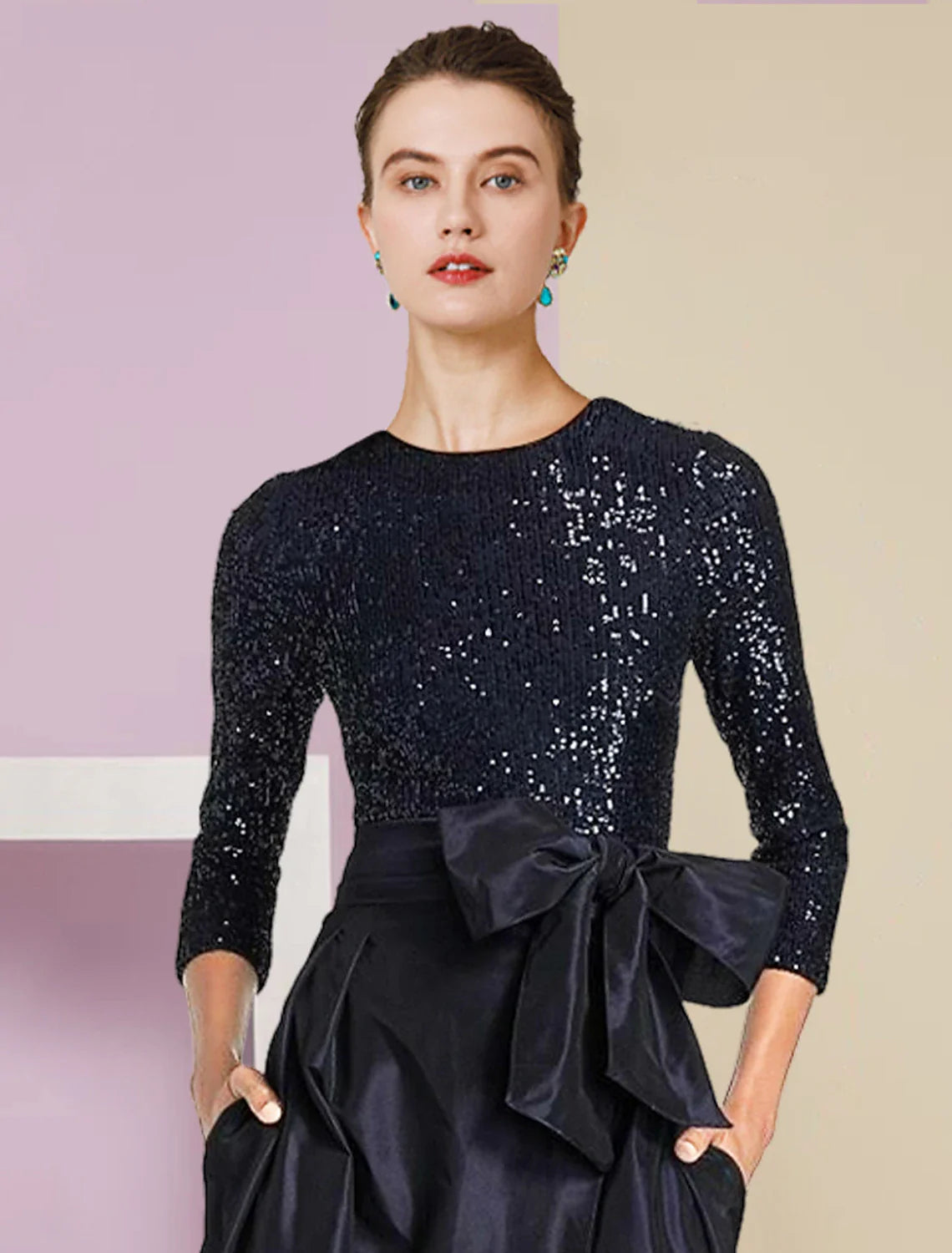 Two Piece Sheath / Column Mother of the Bride Dress Formal Wedding Guest Sparkle & Shine Elegant Scoop Neck Floor Length Detachable Taffeta Sequined 3/4 Length Sleeve with Bow