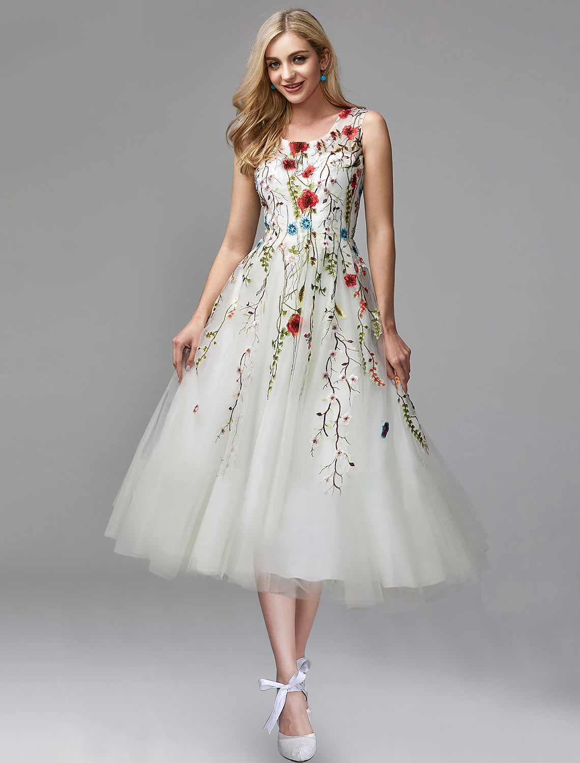 A-Line Prom Dresses Elegant Dress Wedding Guest Engagement Tea Length Sleeveless Jewel Neck Chiffon with Lace Insert Appliques