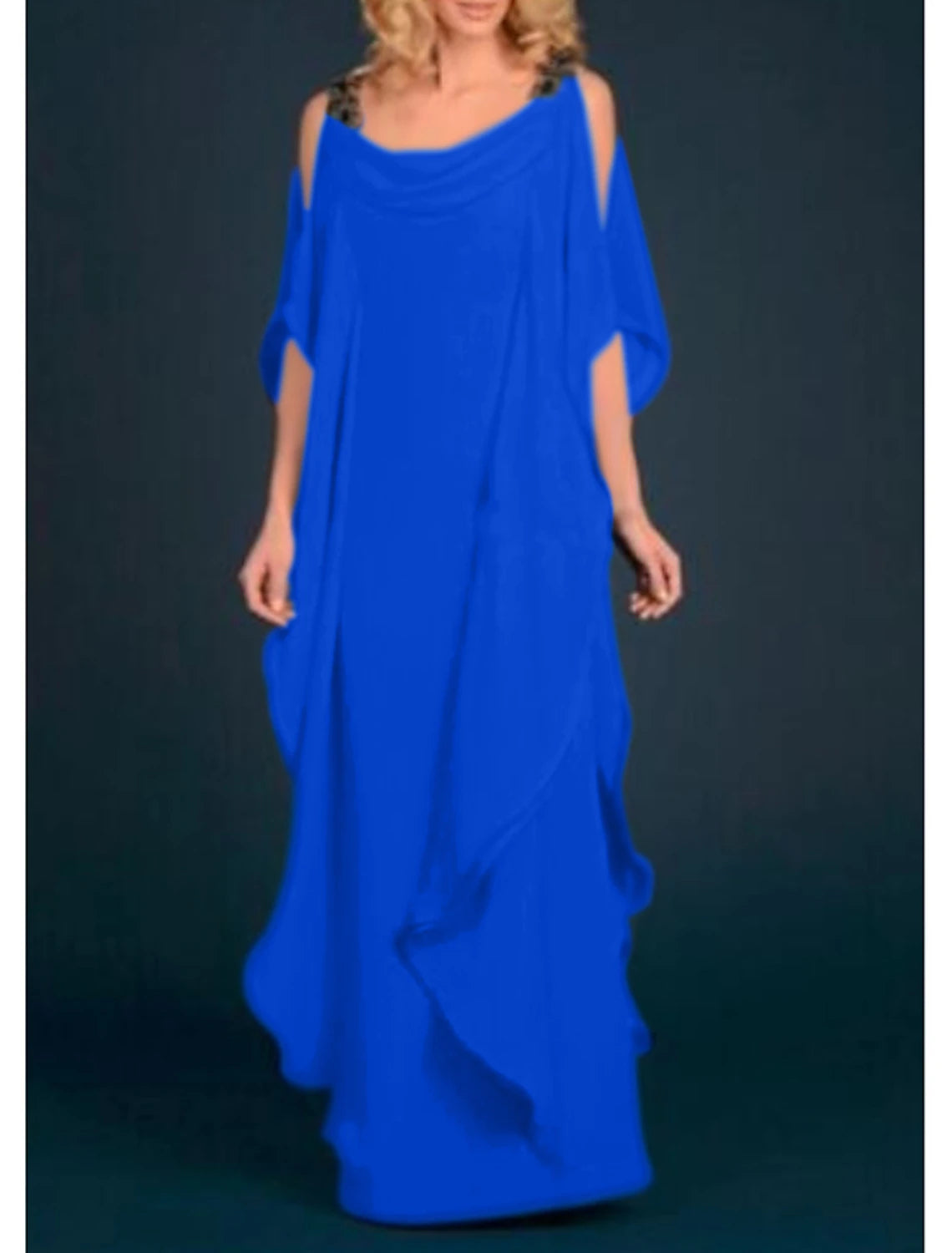 Plus Size Scoop Neck Floor Length Wedding Guest Party Dress Chiffon Half Sleeve Mother of the Bride Dress with Appliques