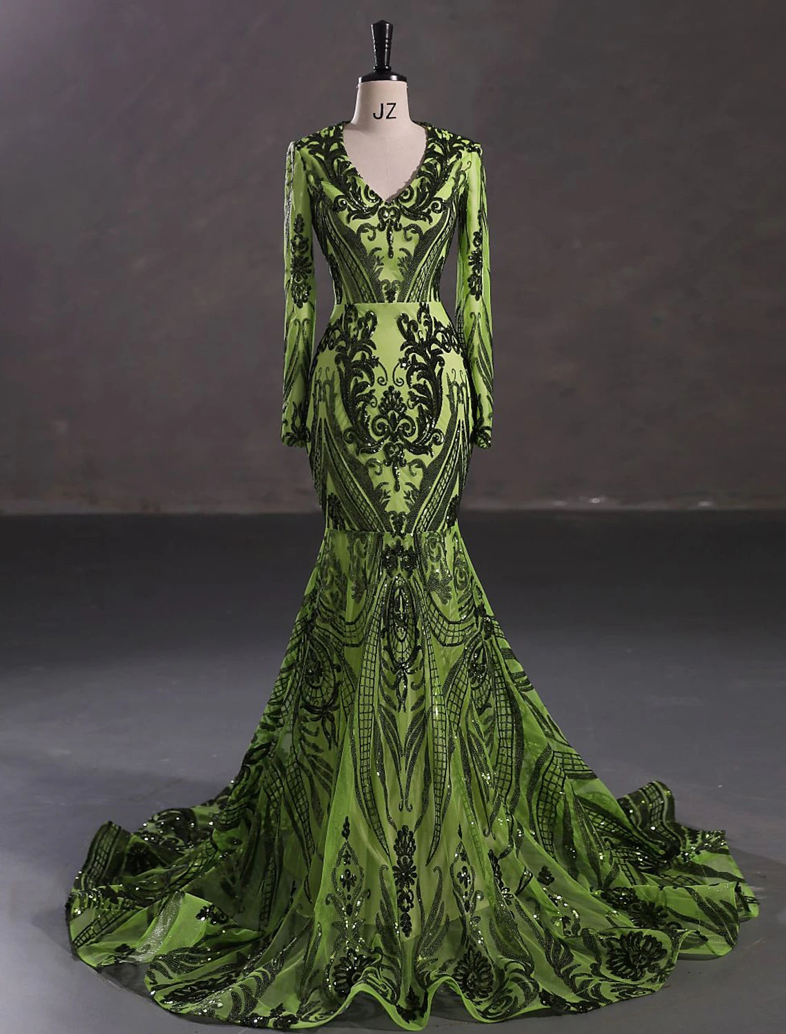 Mermaid / Trumpet Evening Gown Elegant Dress Carnival Formal Court Train Long Sleeve V Neck African American Lace with Sequin