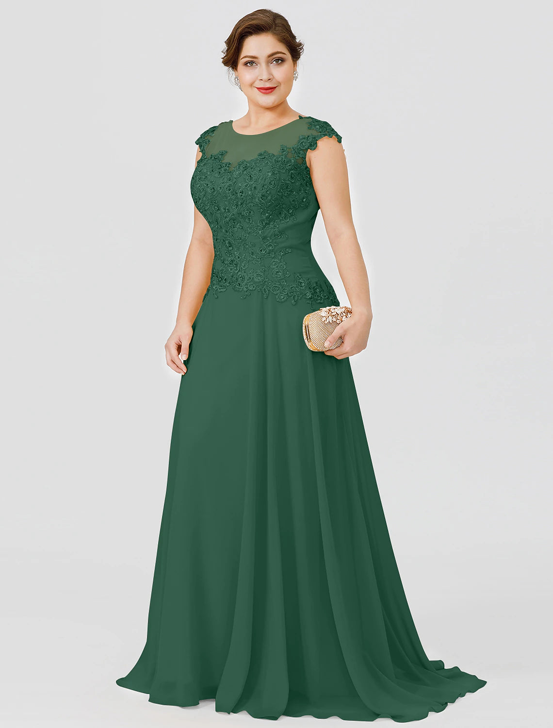 A-Line Mother of the Bride Dress Wedding Guest Elegant Plus Size Illusion Neck Sweep / Brush Train Chiffon Beaded Lace Short Sleeve No with Bow(s) Pleats